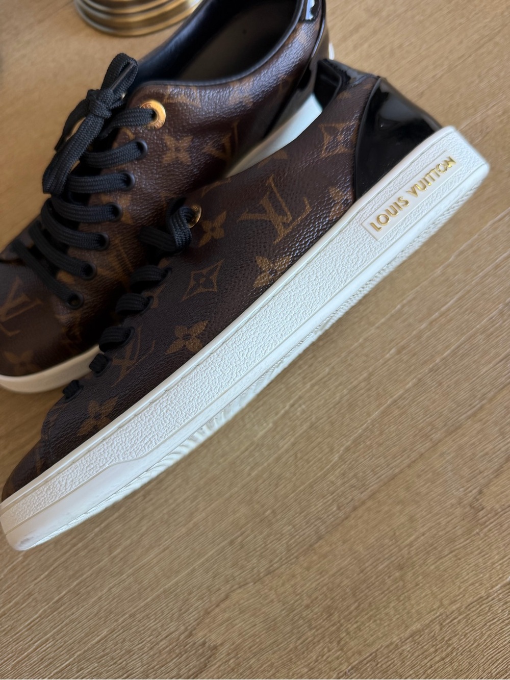 Louis Vuitton Brown Monogram Sneakers with Black Trim - Picture 6 of 12